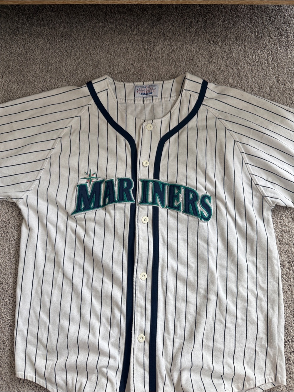 Seattle Mariners Pinstripe Baseball Jersey - White/Teal/Navy Griffey #24